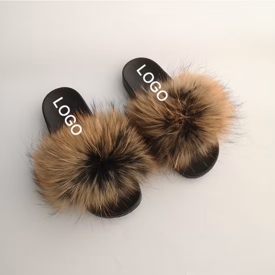 Diapositivas de piel de zorro real de piel sintética de colores personalizados para dama, cálidas zapatillas de piel suave de invierno para mujer