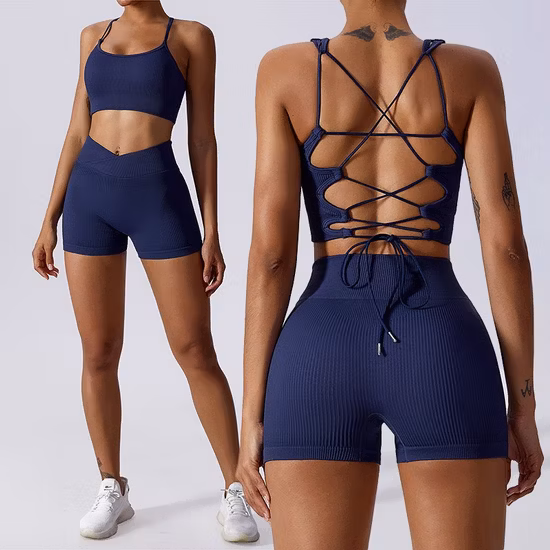 Comercio al por mayor OEM/ODM Mujeres 2 Piezas Leggings + Sujetador Ropa Costilla Yoga Conjunto Gimnasio Entrenamiento Fitness Deportes Activos Conjuntos